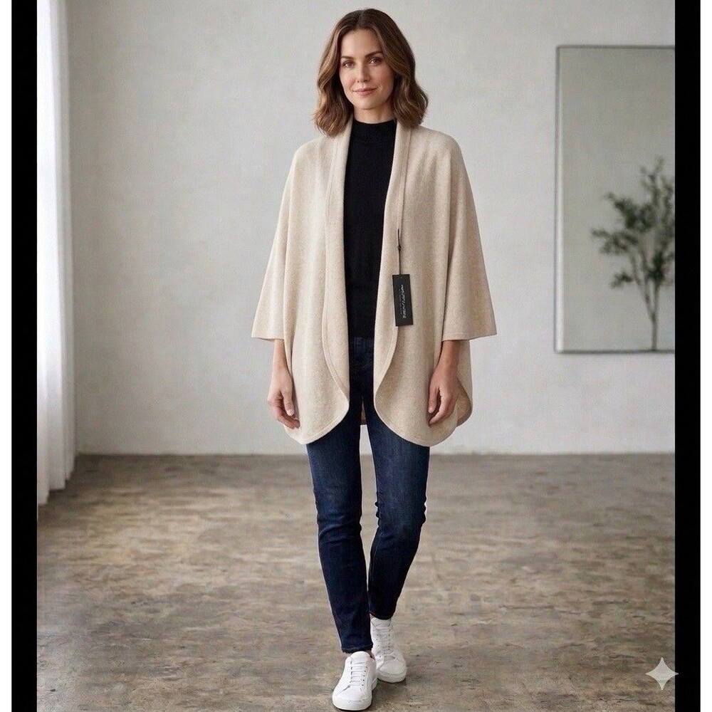 Saks Fifth Avenue Beige 100% Cashmere Knit Shawl Cape Sweater One Size NWT